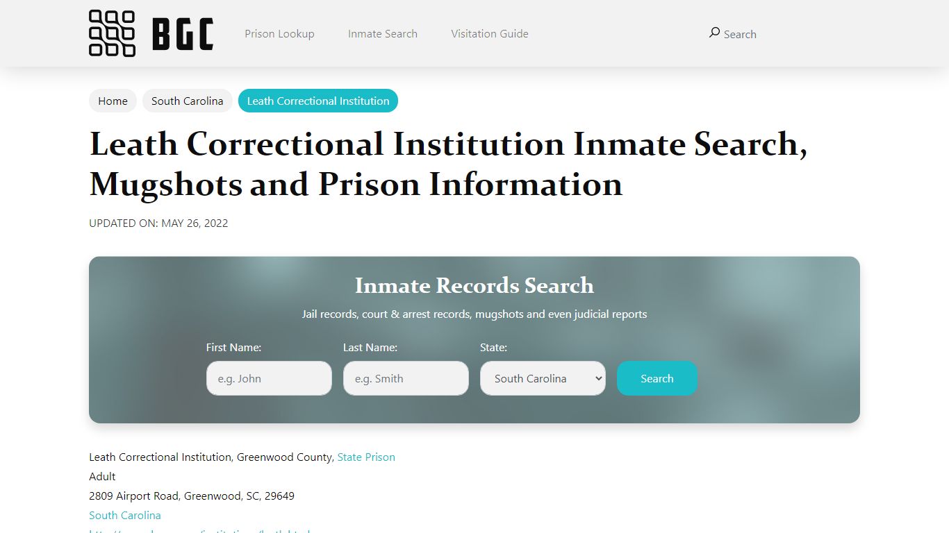 Leath Correctional Institution Inmate Search, Mugshots , Visitation ...